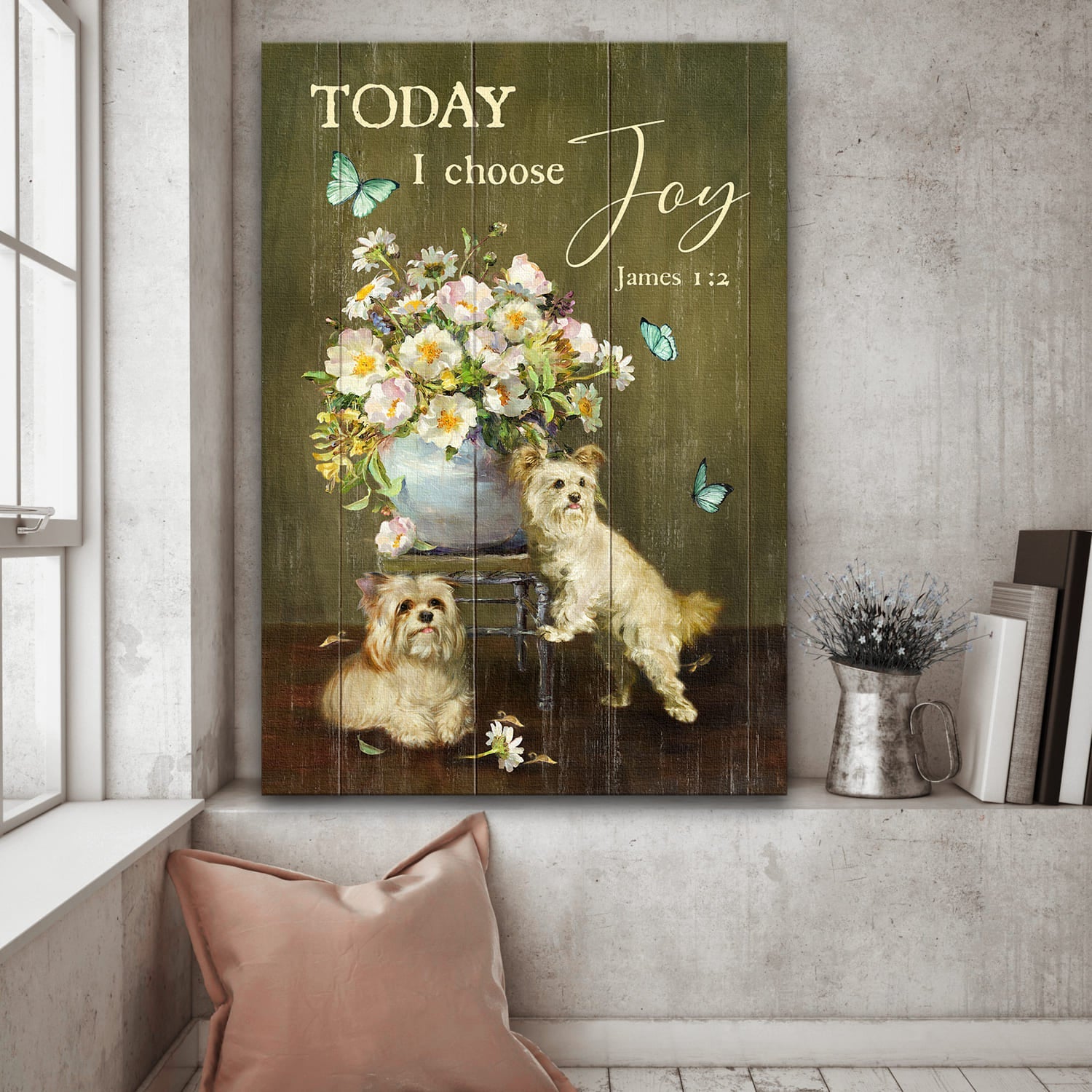 Yorkshire, Flower vase, Still Painting, Today I choose joy - Dog Portrait Canvas Prints, Wall Art